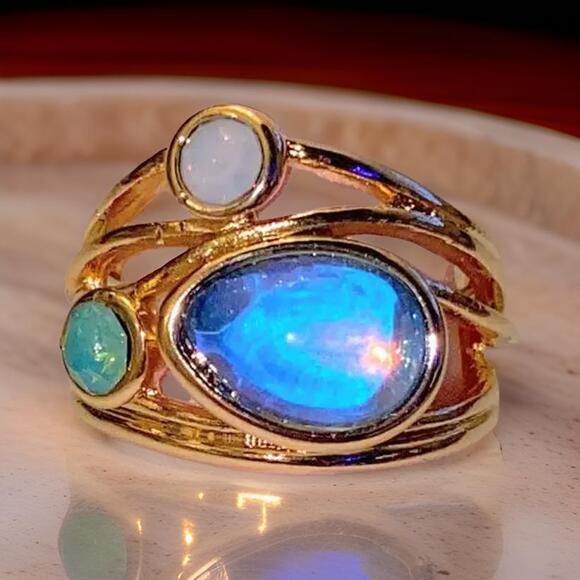 New Sz 7 Gold Moonstone Wrap Stone Clear Turqoise Opal Cluster‎ Ring Cocktail - Picture 1 of 5